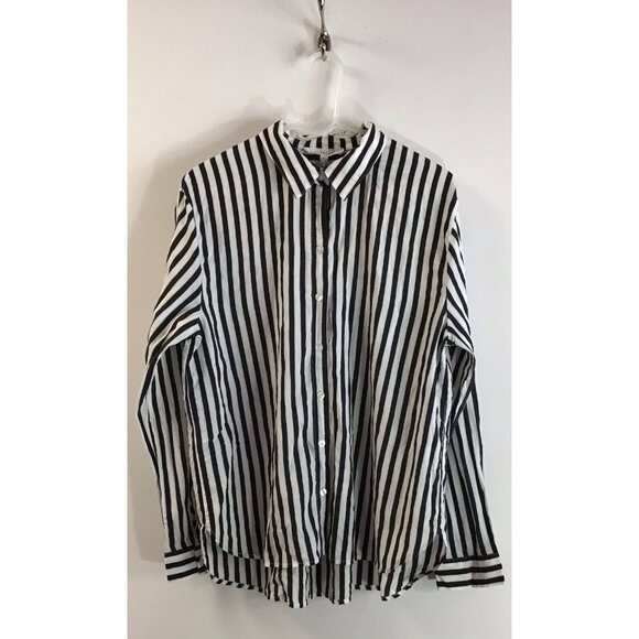 Classic Jane + Delancey White Black Stripe Gauzy Button Down Sz L 🤍 - Picture 1 of 4